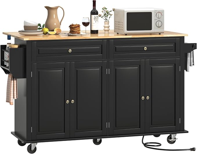Hlivelood 63" Movable Kitchen Island with Drop Leaf and Power Outlet, Rolling Island Cart w/Storage Cabinet, Island Table on Wheels for Kitchen w/2 Drawers, Spice Rack, Towel Bar, Garage Hook, Black