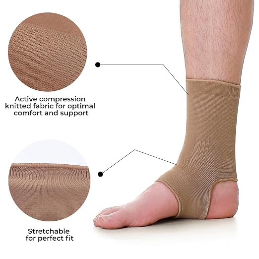 NeoTech Care Ankle Support Sleeve - Open Heel, Light, Elastic & Breathable Knitted Fabric - Medium Compression - For Men, Women, Kids - Right or Left Foot (Beige Color, Size S, 1 Unit)