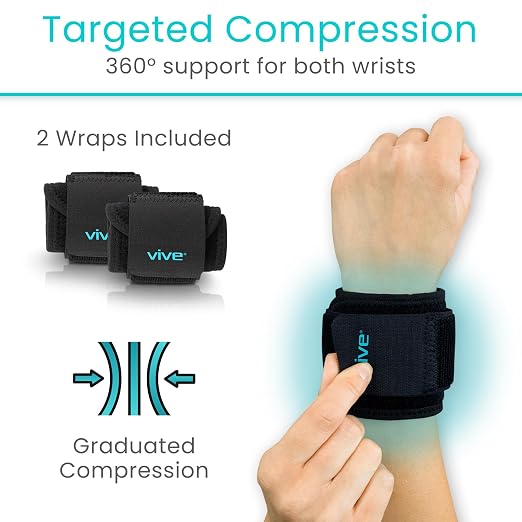Vive Wrist Support Wrap (2 Pack) - Band for Tennis, Working Out, Golf | Sports - Adjustable Compression Strap for Tendonitis, Carpal Tunnel & Arthritis - Men & Women Protector Guards