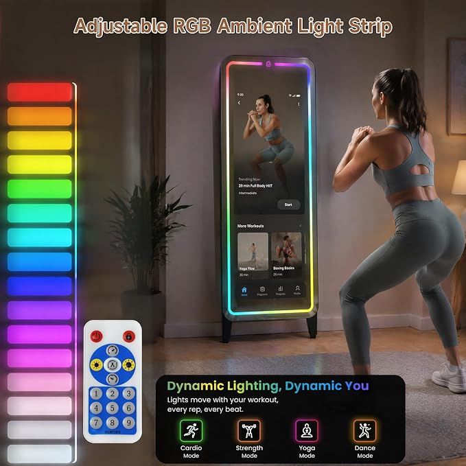 Smart Fitness Mirror for Home Gym Workout, 32" Touchscreen & Open System, No Subscription Fees, Support Fitness Apps, Wall Mount & Free Standing, Can be Used with Home Workout Equipment