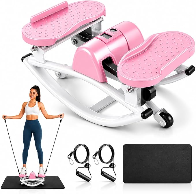 Rock Stepper Side to Side, Rocking Stepper for Exercise at Home with Resistance Bands & LCD Monitor, Low Impact Mini Stair Stepper, Anti-Slip Compact Home Workout Equipment, 250 LBS