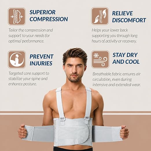 NeoTech Care Back Brace with Suspenders for Work - Industrial Lifting Safety, Elastic Compression, Hook & Loop Closure (Gray, Size M)