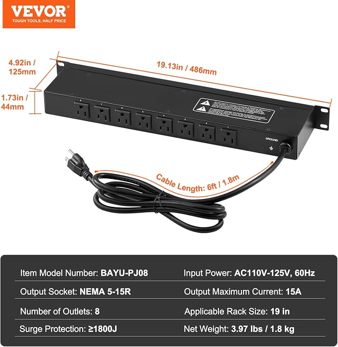 VEVOR 8 Outlet Horizontal 1U Rack Mount PDU Power Strip for Network Server Racks, Surge Protection & Overload Protection, 110-125V/15A, with 6ft 14AWG Power Cord