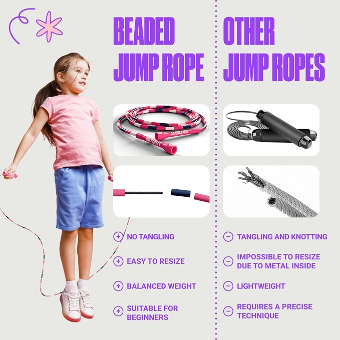 Sportbit Custom-Fit Beaded Jump Rope – Adjustable Length for Kids & Adults, Men & Women – Durable Fitness Rope for Gym & Home