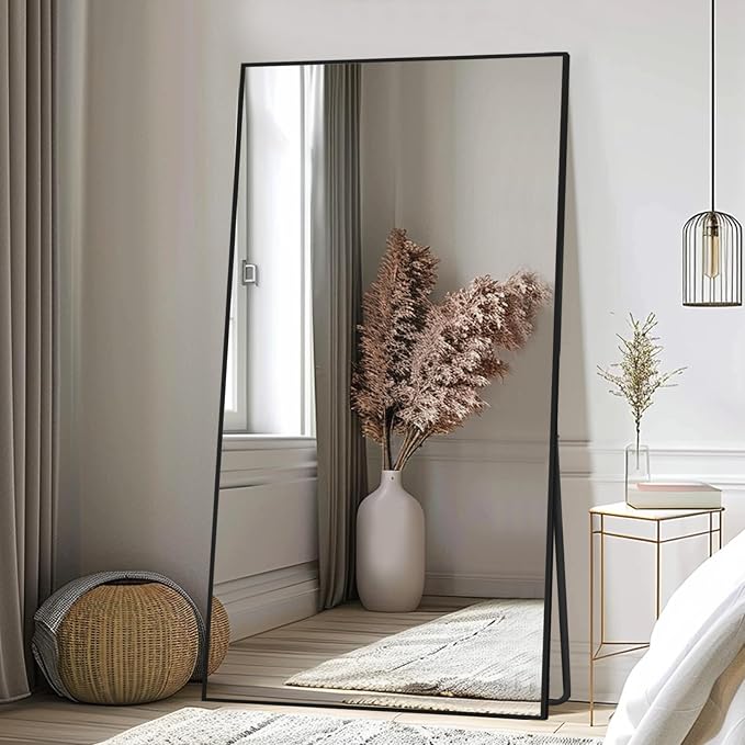 Beauty4U 76" x 34" Full Length Mirror with Stand, Black Large Floor Mirror | Standing, Leaning, or Wall-Mounted Tempered Glass Full Body Mirror with Metal Frame for Bedroom, Closet, Modern Home Decor