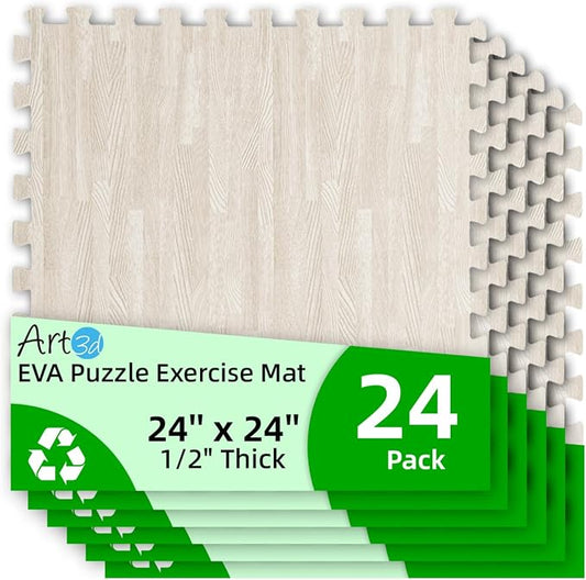 Art3d 24 Pack 24" x 24" EVA Interlocking Exercise Mats, 1/2" Thick Foam Puzzle Flooring for Workout, Gym Equipments, Training Areas, 96 Sq.FT, White Oak