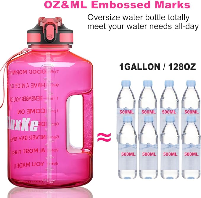 SLUXKE 1 Gallon Motivational Sports Water Bottle with Time Marker, BPA Free 128oz Leak Proof Jug, Black, Plastic, 128 ounces, Fitness, Sports, Outdoor Activities