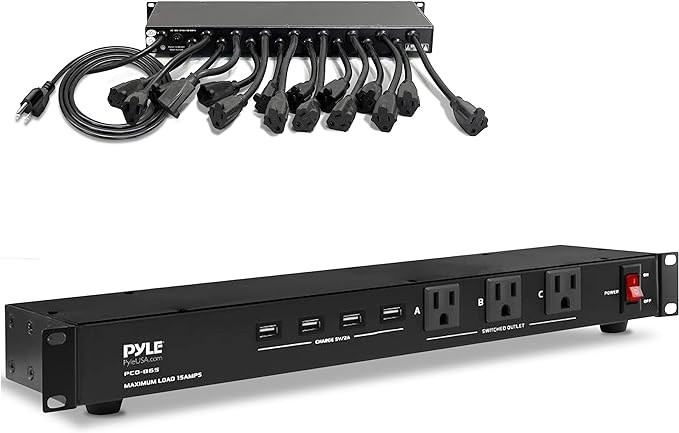 Pyle 19 Outlet 1U 19" Rackmount PDU Power Distribution Supply Center Conditioner Strip Unit Surge Protector 15 Amp Circuit Breaker 4 USB Multi Device Charge Ports 15FT Cord, Black - PCO865 | 15 Amp Circuit Breaker - 4 USB Ports - 15FT Cord - Power Supp...