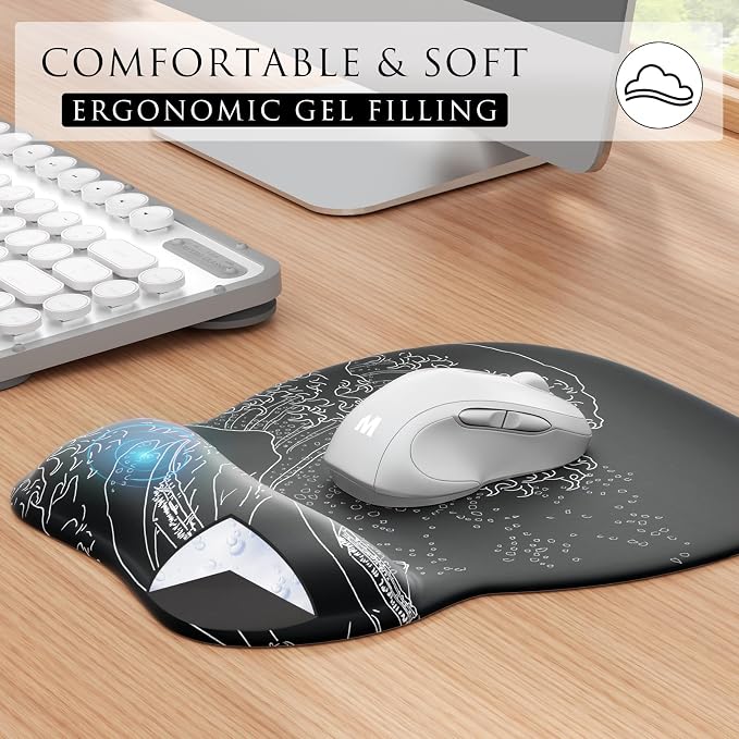 MROCO Ergonomic Mouse Pad with Gel Wrist Rest, 9.4 x 8.1 in, Kanagawa Wave | Ergonomic Shape Design, Multiple Pattern Options, Gel Wrist Comfort, Smooth Lycra Surface, Non-Slip PU Base