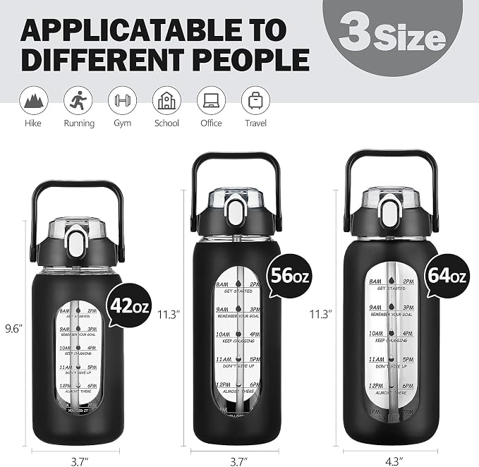 64oz Glass Water Bottles with Straw, Half Gallon Motivational Glass Bottle with Silicone Sleeve and Time Marker, 2L Leakproof Large Glass Water Jug for Gym Home Office,Black