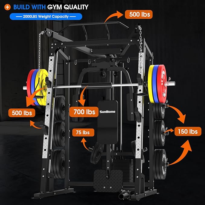 SunHome Smith Machine, 2000LBS Power Cage Squat Rack with Smith Bar, LAT Pull-Down Systems, Cable Crossover Machine for Home Gym