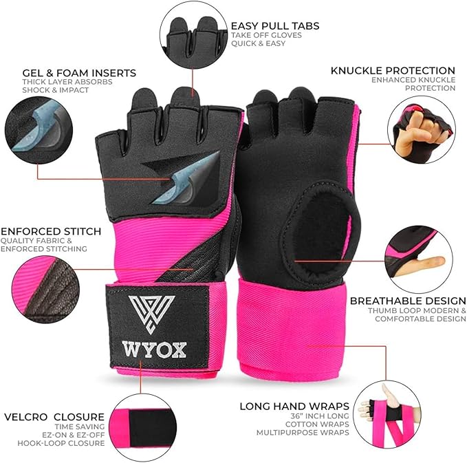 WYOX Neoprene Gel Boxing Hand Wraps Inner Gloves for Men & Women – 80cm/31in Quick Wrist Strap, Padded Knuckle Protection, Fingerless MMA Muay Thai Kickboxing Wraps for Training & Martial Arts