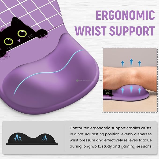 Ergonomic Mouse Pad with Wrist Rest, Gel Wrist Support, Purple Cat | 10.2 x 7.6 in Mouse Pad with Smooth Fabric Surface and Non-Slip Rubber Base for Office, Home, Study, and Gaming