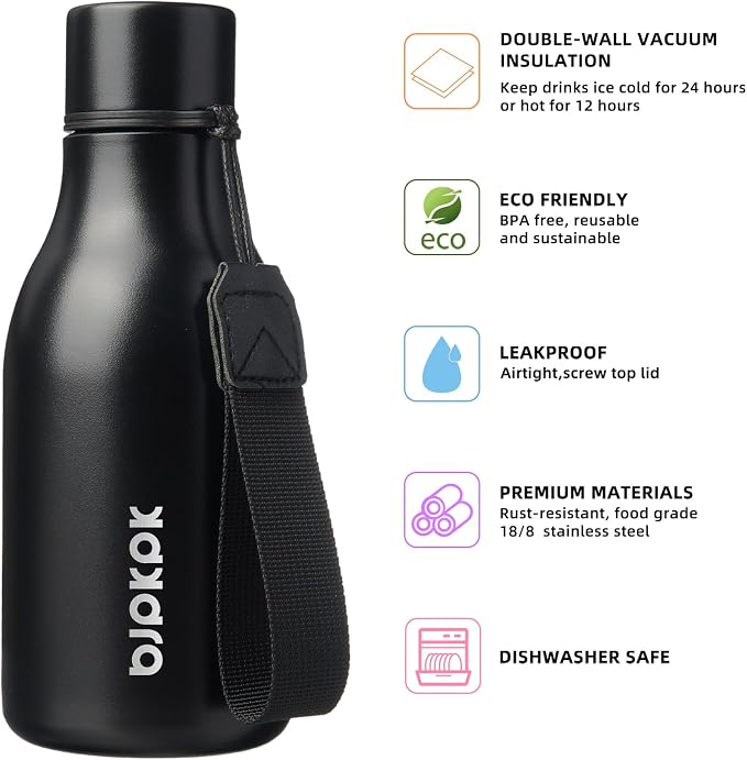 BJPKPK 12oz Insulated Water Bottle, Stainless Steel Bottle with Carry Strap | Keep Cold & Hot Vacuum Insulation, Leak-Proof BPA-Free Design, Slim Bottle Fits Most Cup Holders for Gym, Office & Travel