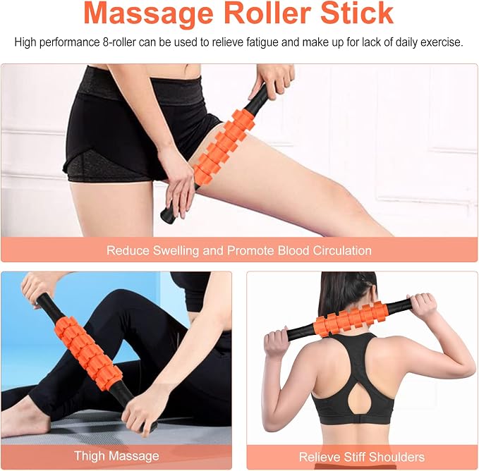 Aucuu 6 in 1 Foam Roller Set Includes Hollow Core Massage Roller, Yoga Stick, Massage Ball, Fitness Stretching Strap, Carrying Bag, Towel, Massage Roller (Orange)