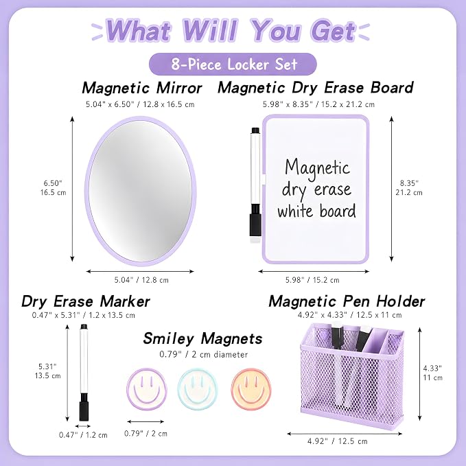 8 PCS Purple Locker Accessories for Girls Cute Locker Decorations Kit with Magnetic Mirror Whiteboard Pen Holder Magnets Locker Organizer Set for School Back to School Essentials
