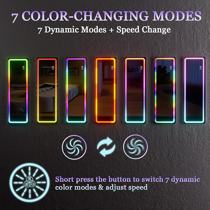 Koonmi LED Full Length Mirror, 63"x20" Full Length Lighted Mirror with Remote Control, RGB Color Changing Lights, 7 Dynamic Modes, Dimmable Brightness