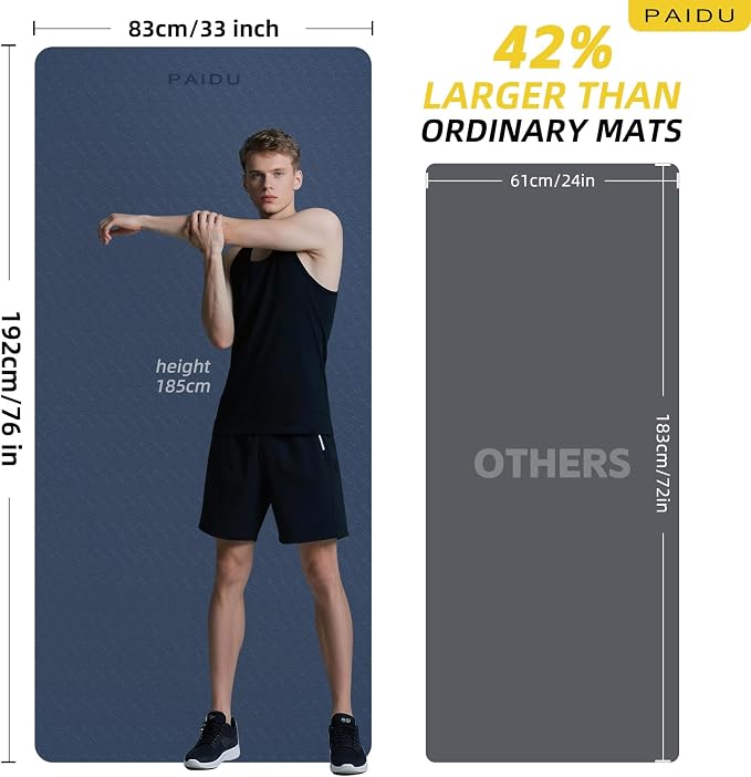 PAIDU Extra Long Wide Yoga Mat, （10mm） Thick Non-Slip Exercise Mat 76"x33" | large mat, ideal for yoga, Pilates & home gym, with non-slip grip & cushioning for all exercises.