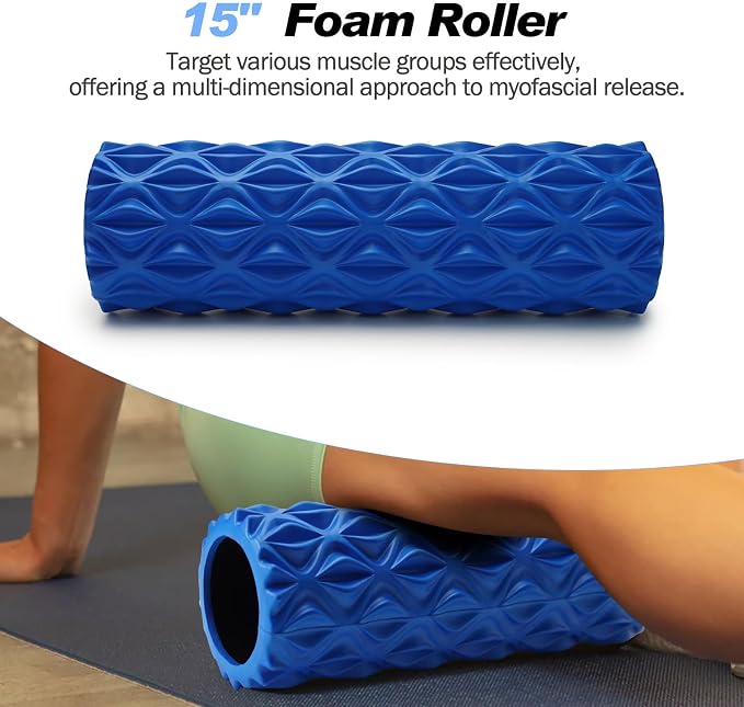 5 in 1 Foam Roller Set High Density Patented Foam Roller for Exercise | Foam Roller Massage Stick, Massage Ball, Resistance Band for Deep Muscle Massage Yoga Trigger Point Release Blue Diamond