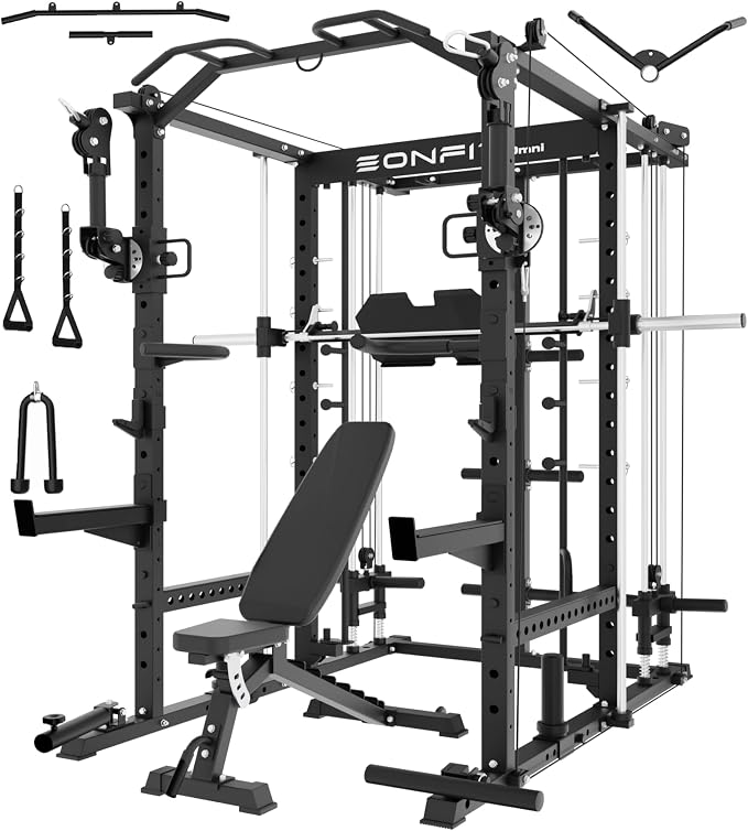 Eonfit E5 Smith Machine with Leg Press for Home Gym | Functional Trainer Power Rack Power Cage With Pivot Arms Lat Cable Crossover Pulley System All In One For Garage Apartment
