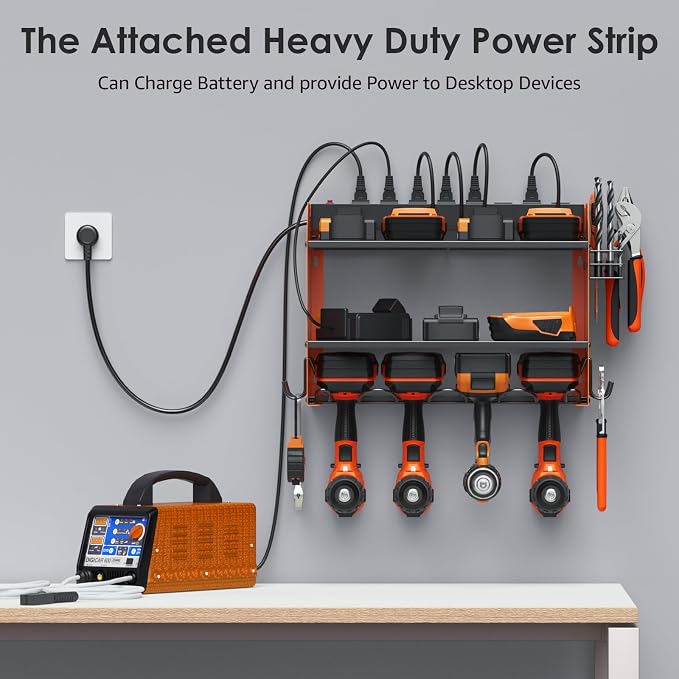 CCCEI Wall Mount Modular Tool Charging Organizer, Orange, 1 Pack, 3 Tier. | Drill Battery Storage Rack with Hooks, Garage Workshop, Gifts for Men, Dad, Husband Anniversary, Birthday, Christmas