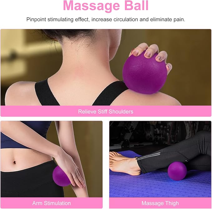 Aucuu 6 in 1 Foam Roller Set Includes Hollow Core Massage Roller, Yoga Stick, Massage Ball, Fitness Stretching Strap, Carrying Bag, Towel, Massage Roller (Pink)