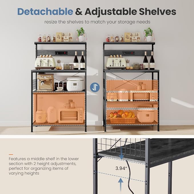 DUMOS 23.6" Bakers Rack with Power Outlet for Kitchen Organization | Microwave Stand with 3 AC Outlets, On/Off Switch and 6.5ft Power Cord, 3 Open Tiers and Adjustable Middle Shelf, Classic Grey