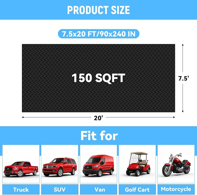 7.5x20 FT Garage Floor Mat, 2.8mm Thickened Diamond Plate | PVC Flooring Roll for Under Car/Garage/Warehouse/Basement/Gyms/Trailer, 150 SQFT Garage Mat, Tapes Included, Black