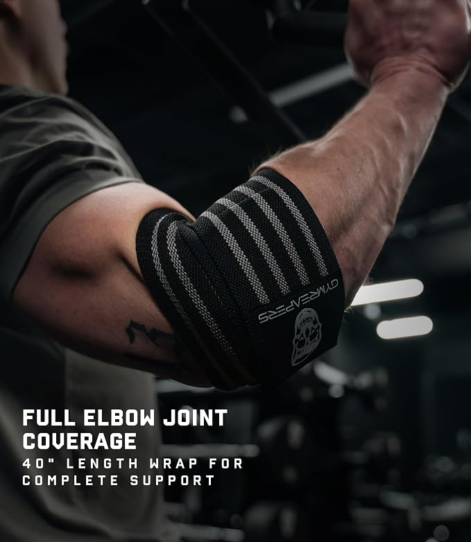 Gymreapers Weightlifting Elbow Wraps (1 Pair) - Flexible 40'' Elbow Compression Strap & Joint Support Brace - for Bench Press, Powerlifting, and Pressing