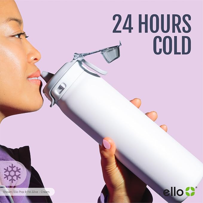 Ello Pop & Fill Insulated Stainless Steel Water Bottle with Quick Fill Lid, Leakproof Locking, Sip or Chug Spout, BPA-Free, Double Wall Vacuum Insulated for Sports, Travel & School- 22oz / 32oz / 40oz