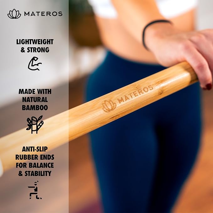 Materos 5ft Yoga Stick Made from Natural Bamboo - Yoga Dowel, Mobility and Exercise Stick for Workout, Stretching, Flexibility, Balance, Physical Therapy | Posture Correction | Lightweight & Sturdy