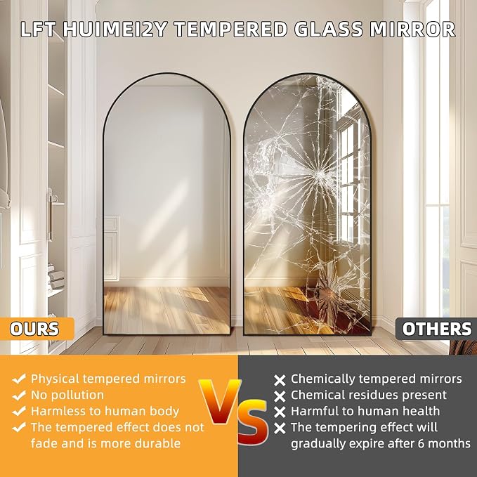 LFT HUIMEI2Y 76.4"x37" Arch Full Length Mirror, Black Floor Mirror | Tempered Oversized Mirror Full Body with Aluminum Alloy Frame; Standing, Leaning, or Wall Mount for Bedroom, Living Room