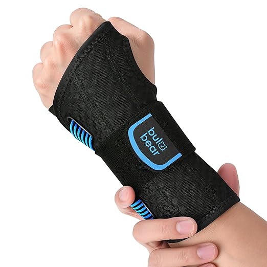 Carpal Tunnel Wrist Brace with Removable Splints, Breathable Wrist Support for Men & Women, Night & Work Support, Pain Relief, Tendonitis, Sprain, Rigid Hand Brace for Arthritis, Left Hand (L/XL, Black/Blue)