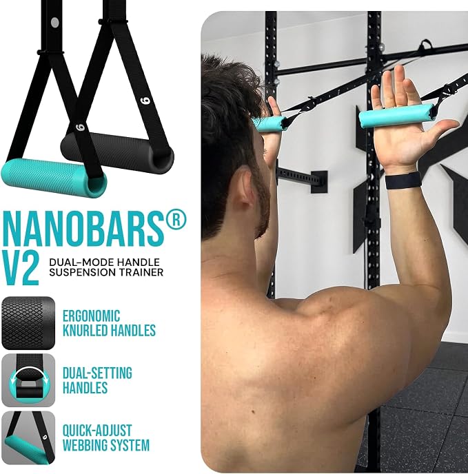 Kensui NanoBars V2 - Portable Suspension Trainer, 600 lb Max Load | Stable and rotating handle modes support pull ups, rows, dips, curls and full body training with natural wrist movement.