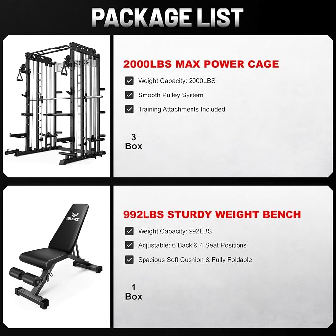 JELENS Smith Machine for Home Gym, Multi-Function M12 Power Cage with Cable Crossover System, Squat Rack with Smith Bar and More Attachment