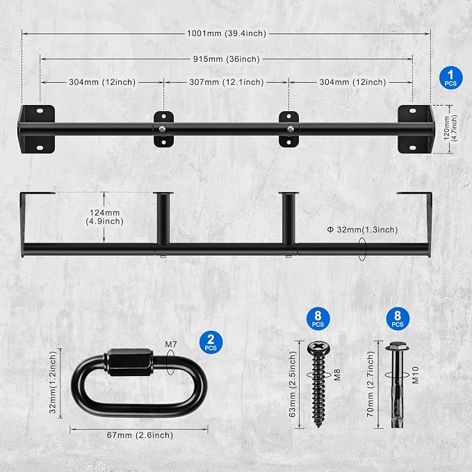 Kipika Wall Mounted Pull Up Bar - Heavy Duty 500 LB Capacity Doorway Chin Up Bar for Home Gym, Sturdy Steel Construction with Resistance Band Hooks | Hanging Exercise Bar for Full Body Workout