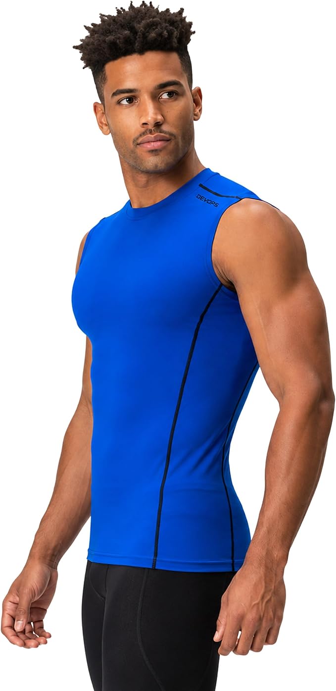 DEVOPS 3 Pack Men's Compression Shirts Sleeveless Tank Top Baselayer | Gym Training, Running, Moisture Wicking, Compression Fit, 4-Way Stretch, UPF 50+, Sleeveless