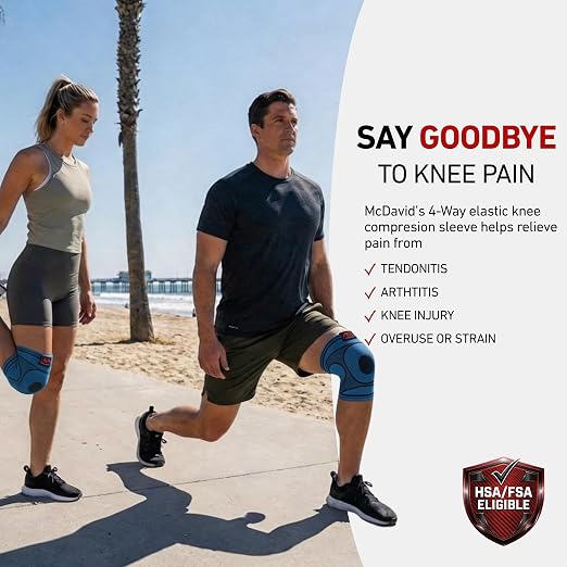 McDavid 4-Way Elastic Knee Sleeve, Compression Knee Support for Pain Relief, Soreness, All-Day Daily Activity Blue/Black XL