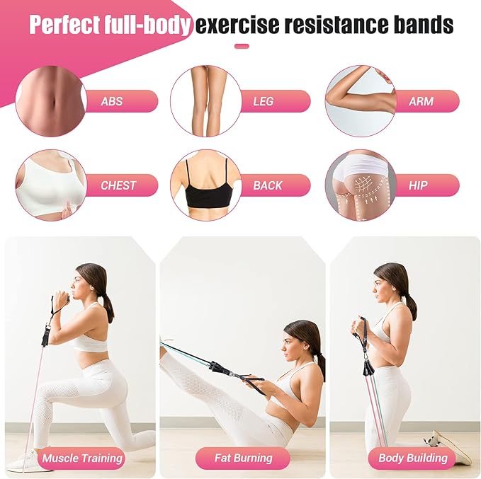 Resistance Bands with Handles for Women, 5 Level Exercise Bands | Workout Bands for Physical Therapy, Yoga, Pilates, Door Anchor, Storage Pouch, Training Poster