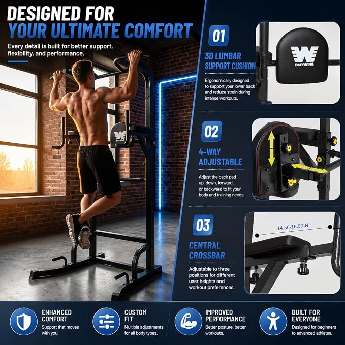BARWING Pull Up Bar Station, Power Tower, Dip Station with 3D Backrest, Multi-Function Strength Training Stand Rack, Adjustable Height Dip Bar for Home Gym Workout Stand Fitness Exercise Equipment