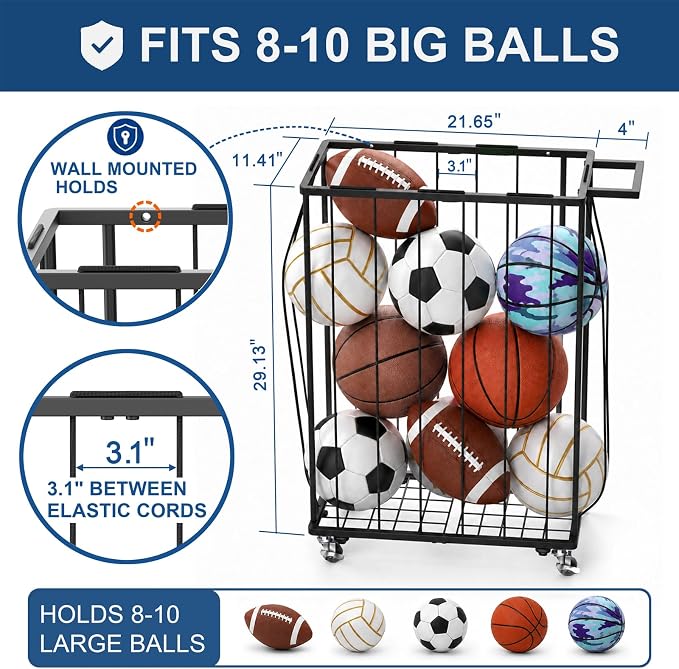Garage Ball Storage Rack with Wheels, Metal Sports Ball Holder | Basketball Soccer Volleyball Holder with Adjustable Elastic Cords, Ball Organizer Space Saving Rack for Basement Gym Outdoor
