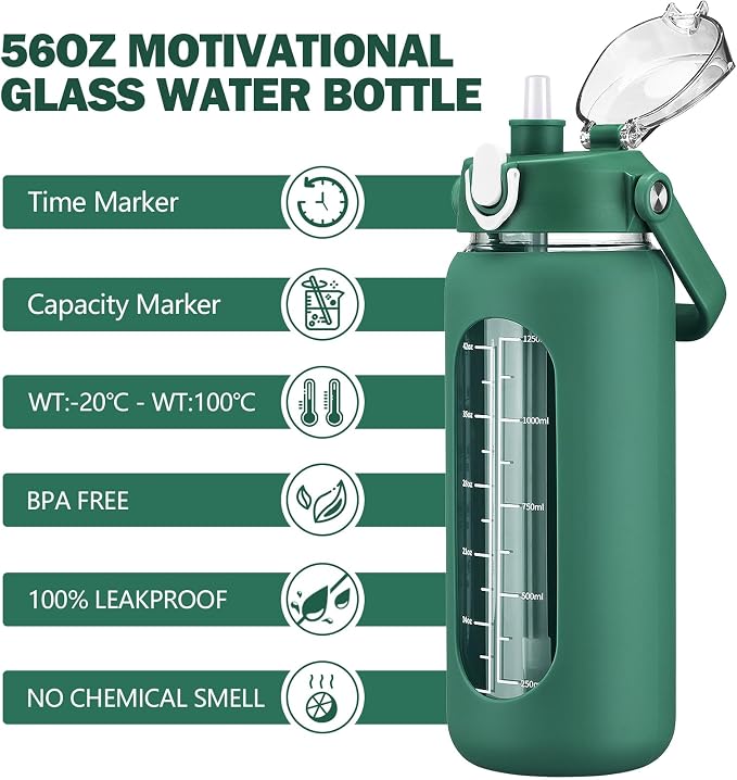 56oz Glass Water Bottles with Straw, Motivational Glass Bottle with Silicone Sleeve and Time Marker, Leakproof Large Glass Water Jug for Gym Home Office,Ink green