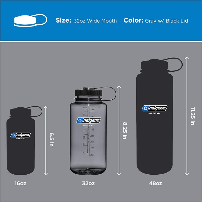 Nalgene 32 oz Wide Mouth Water Bottle, Gray w/ Black Lid | BPA-Free, Durable & Lightweight, Leak Proof, Dishwasher Safe, Large Reusable Plastic Bottle for Hiking, Gym, Work & Travel