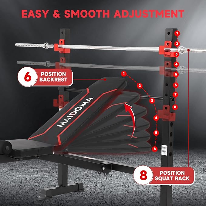 MAIDOMA 1500LBS Foldable 8 IN 1 Weight Bench with Upgraded Leg Extension | Adjustable Flat Incline Decline Bench Press Set with Wide Squat Rack for Full Body Home Gym Workout (US Stock)