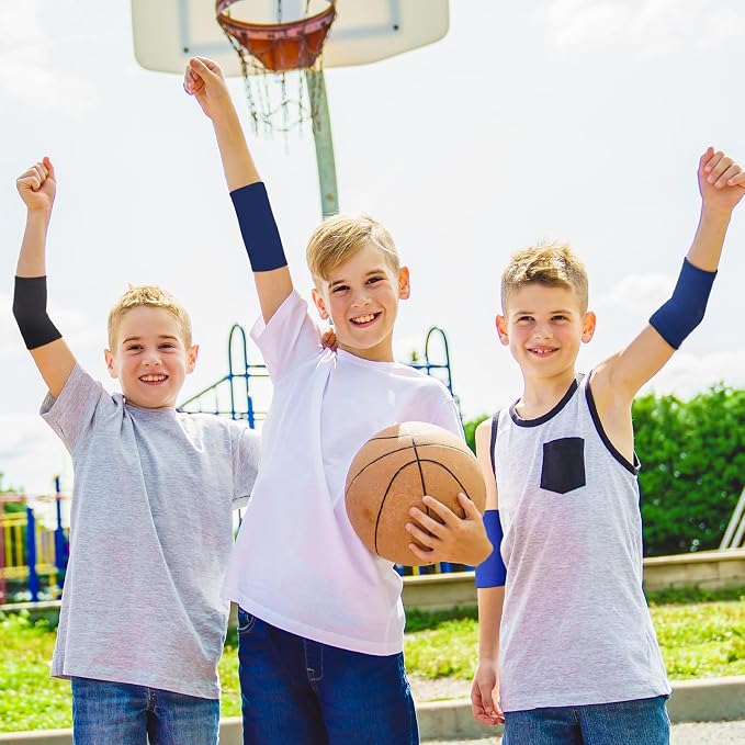 Lenwen 4 Pairs Kids Elbow Brace Compression Arm Elbow Sleeve Knit Guard Gym Protectors for Boys Teen Children Girls Basketball Volleyball Tennis Cycling(5-10 Years,Black, Dark Blue)