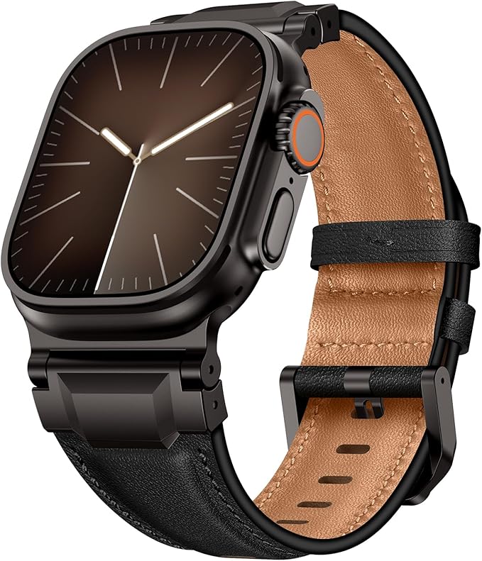 Bands Compatible with Apple Watch Ultra 3/2/1 Band 49/46/45/44mm | Genuine Leather Metal Connector Strap for iWatch Ultra Series 11/10/9/8/7/SE/6/5/4/3/2/1, Black/Black