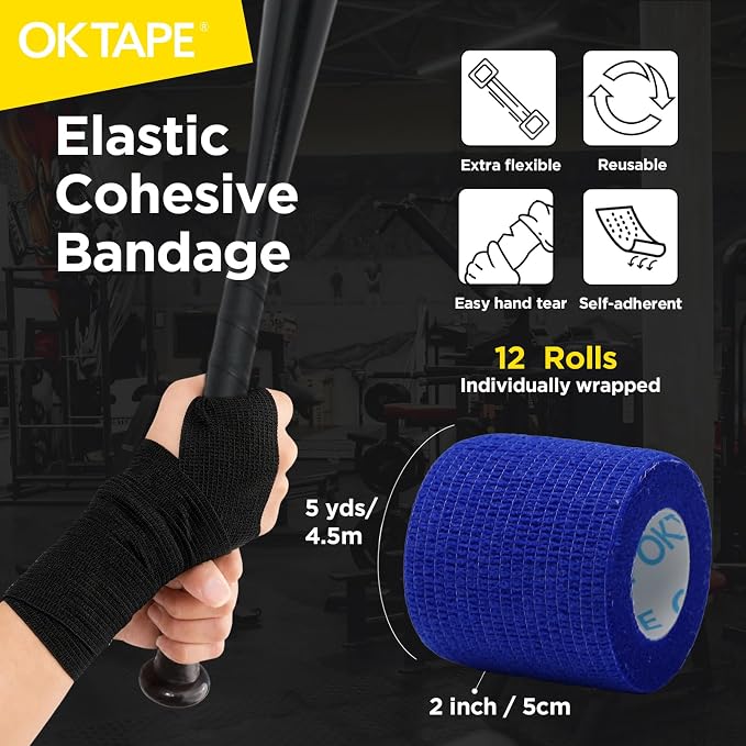 OK TAPE 12 Rolls Self Adhesive Bandage Wrap, Cohesive Elastic Athletic Tape | Vet Wrap, Sports Tape, Medical Wrap for Wrist, Feet, Self Stick Bandage Tape, 2" x 5 Yards - Mixed Color
