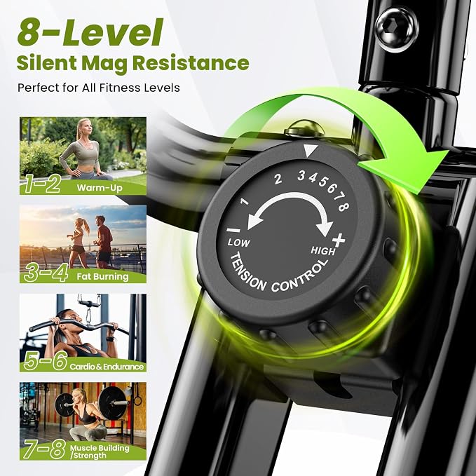 Foldable Exercise Bike, 8-Level Magnetic Stationary Bike for Home Gym | Quiet Indoor Workout Bike with Arm Resistance Bands, LCD Monitor, and 300 LBS Capacity for Full-Body Cardio Training