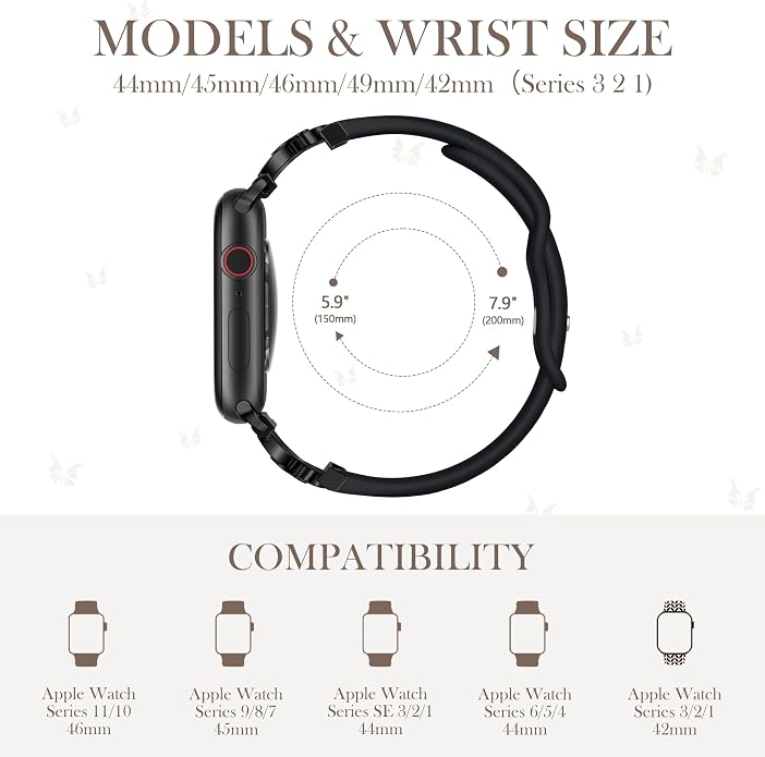 Lerobo Slim Silicone Band Compatible with Apple Watch Bands for Women | Dressy Metal Butterfly 16mm Thin Strap for iWatch Series 11 10 9 8 7 6 5 4 SE Ultra 38mm 40mm 41mm 42mm 44mm 45mm 46mm 49mm
