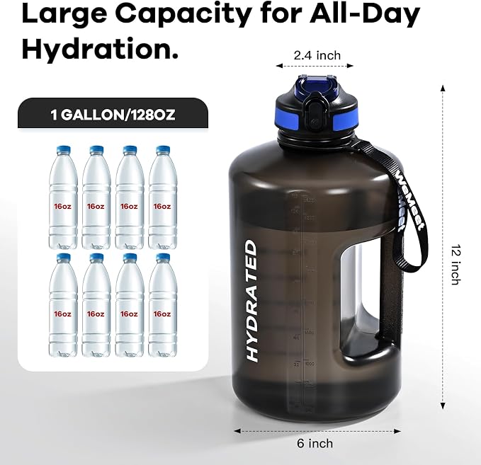 WEMEET 128oz Water Bottle with Time Marker, BPA Free, 1 Gallon Motivational Sports Water Bottle with Straw, for Sports, Outdoor Activities, Fitness Enthusiasts (Black)